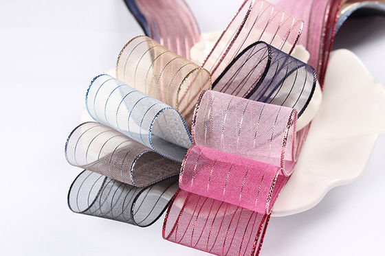 10mm-25mm Altın Çizgi Çizgili Poliester Organza Kurdele hediye ambalajı ve kutular için