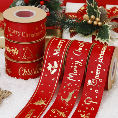 Altın folyo basılı Noel kurdelesi Kırmızı Kişiselleştirilmiş Noel kurdelesi