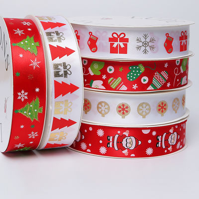 Altın folyo basılı Noel kurdelesi Kırmızı Kişiselleştirilmiş Noel kurdelesi