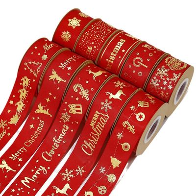 Altın folyo basılı Noel kurdelesi Kırmızı Kişiselleştirilmiş Noel kurdelesi