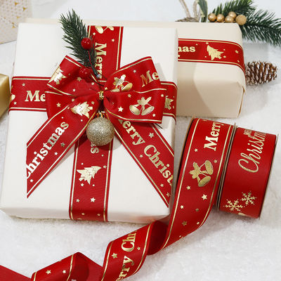 Altın folyo basılı Noel kurdelesi Kırmızı Kişiselleştirilmiş Noel kurdelesi