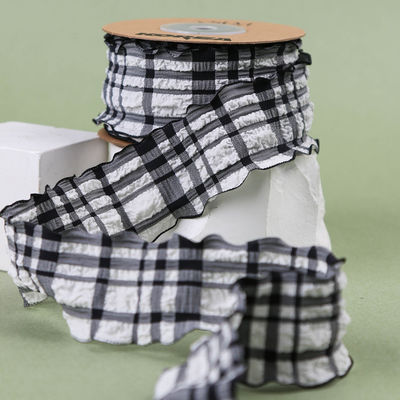 Kore Düğme Mavi Ve Beyaz Gingham Şerit 38mm Poliester Pembe Tartan Şerit