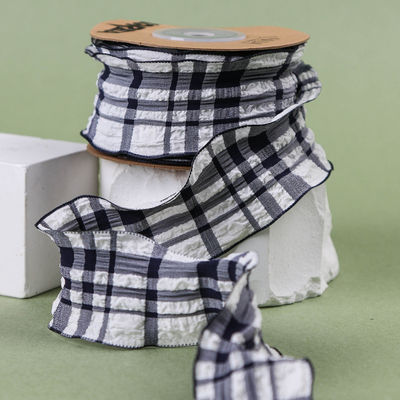 Kore Düğme Mavi Ve Beyaz Gingham Şerit 38mm Poliester Pembe Tartan Şerit