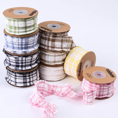 Kore Düğme Mavi Ve Beyaz Gingham Şerit 38mm Poliester Pembe Tartan Şerit