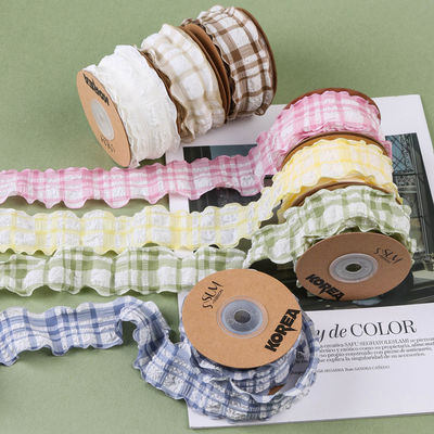 Kore Düğme Mavi Ve Beyaz Gingham Şerit 38mm Poliester Pembe Tartan Şerit