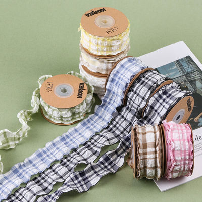 Kore Düğme Mavi Ve Beyaz Gingham Şerit 38mm Poliester Pembe Tartan Şerit