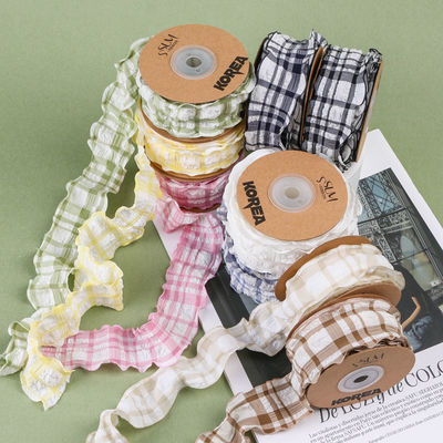 Kore Düğme Mavi Ve Beyaz Gingham Şerit 38mm Poliester Pembe Tartan Şerit