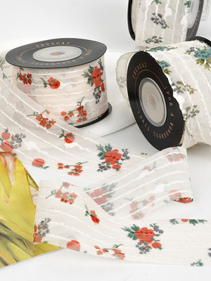 Çiçek Baskılı Kişiselleştirilmiş Organza Kurdele 4cm Flora Fildişi Organza Kurdele