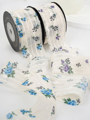 Çiçek Baskılı Kişiselleştirilmiş Organza Kurdele 4cm Flora Fildişi Organza Kurdele