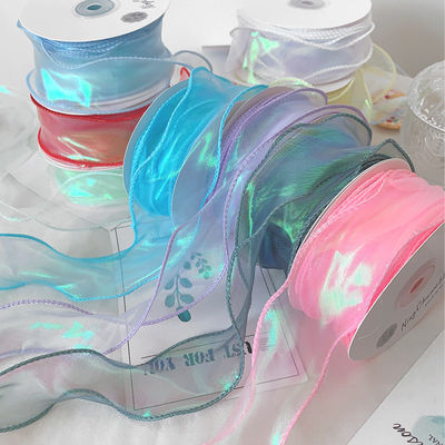 40mm Polyester Organza Şerit Satin Kenarlı Parlak Pembe Organza Şerit