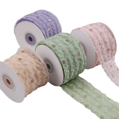 50mm Organza Şerit Dot Deseni Altın Folya Baskılı Poliester Organza Şerit OEM Eko Dost