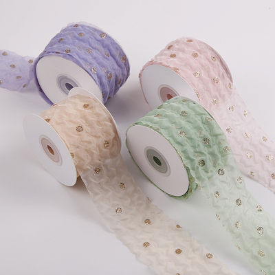 50mm Organza Şerit Dot Deseni Altın Folya Baskılı Poliester Organza Şerit OEM Eko Dost