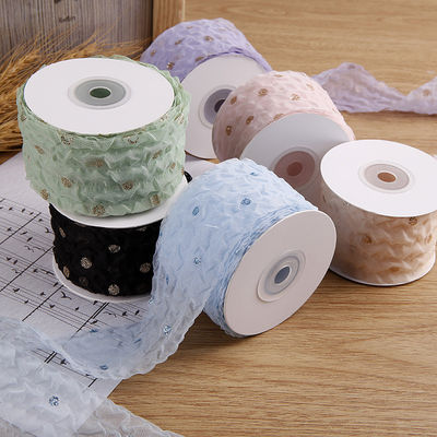 50mm Organza Şerit Dot Deseni Altın Folya Baskılı Poliester Organza Şerit OEM Eko Dost