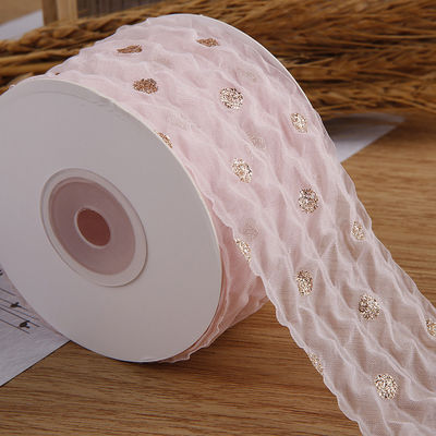 50mm Organza Şerit Dot Deseni Altın Folya Baskılı Poliester Organza Şerit OEM Eko Dost