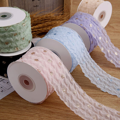50mm Organza Şerit Dot Deseni Altın Folya Baskılı Poliester Organza Şerit OEM Eko Dost