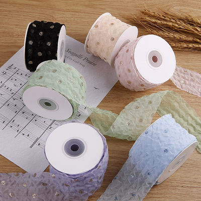 50mm Organza Şerit Dot Deseni Altın Folya Baskılı Poliester Organza Şerit OEM Eko Dost