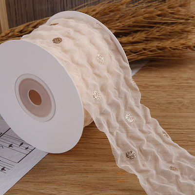 50mm Organza Şerit Dot Deseni Altın Folya Baskılı Poliester Organza Şerit OEM Eko Dost