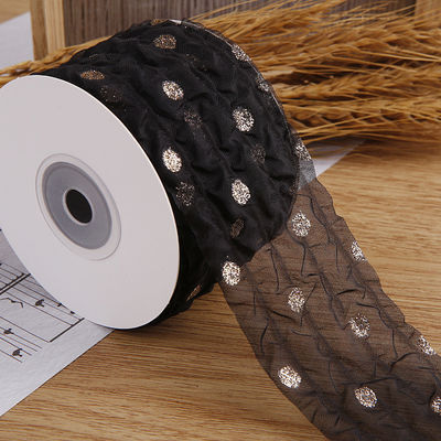 50mm Organza Şerit Dot Deseni Altın Folya Baskılı Poliester Organza Şerit OEM Eko Dost
