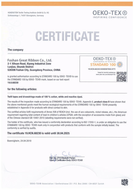 Çin Foshan Great Ribbon Co., Ltd. Sertifikalar